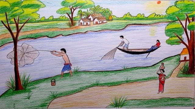 Vẽ tranh cuộc sống quanh em khung cảnh đánh bắt cá