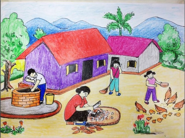 Tranh vẽ cuộc sống quanh em sinh hoạt ở nông thôn